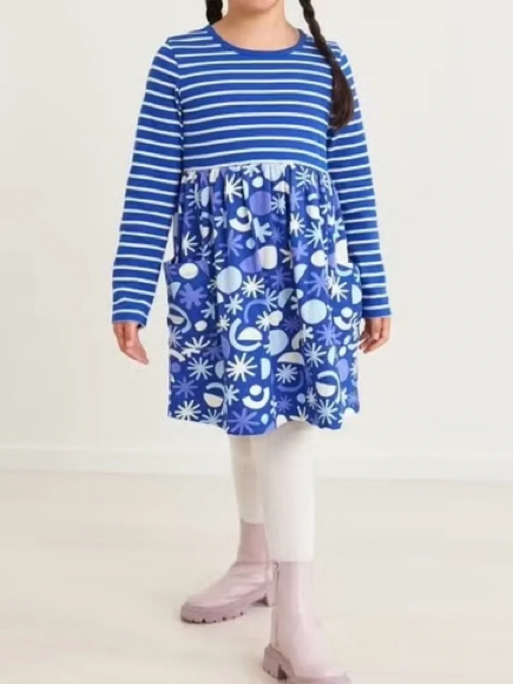 Hanna Andersson Girls Mixie Stripe Geometric Print Long Sleeve Dress Blue White